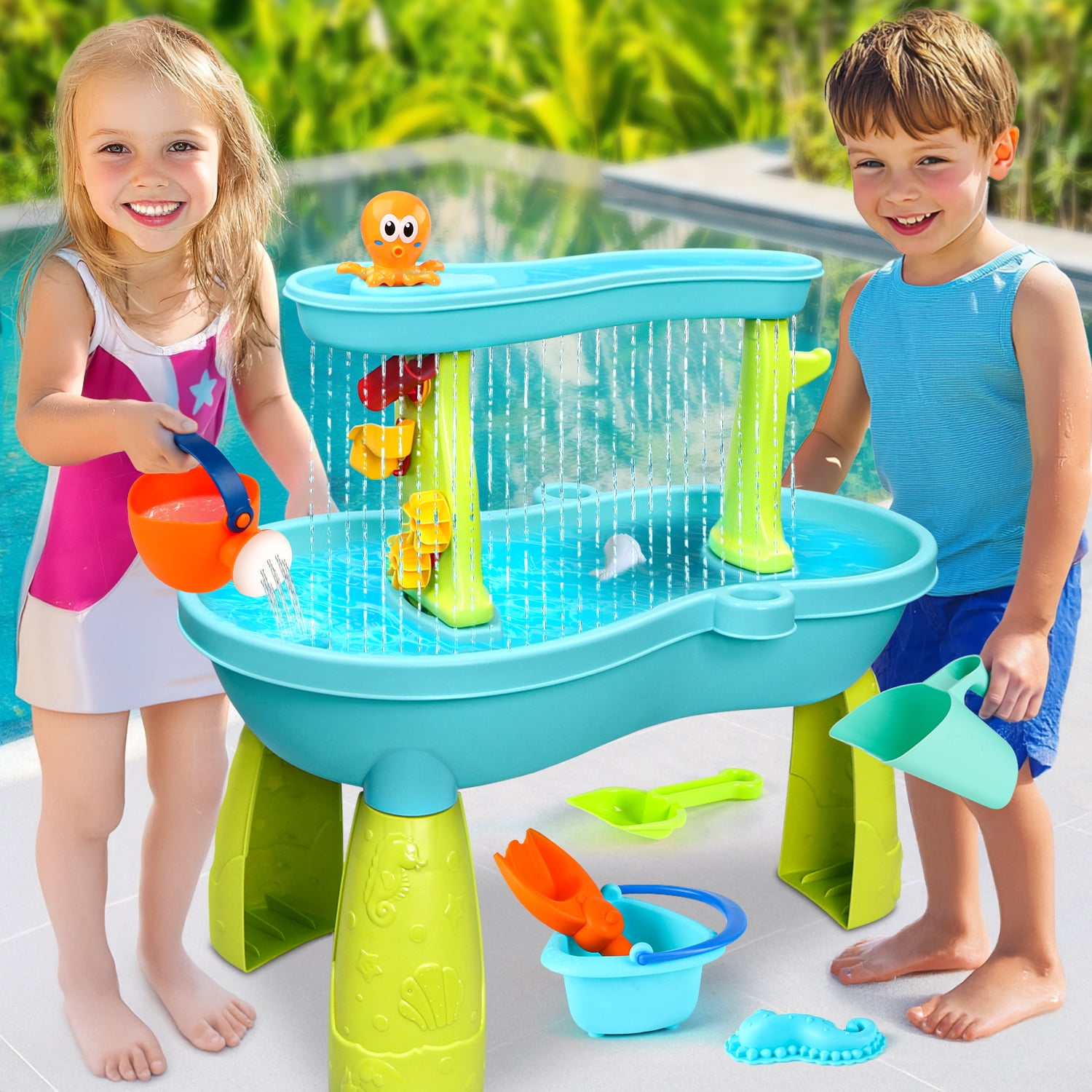 Beefunni Sand & Water Table, 2-Tier Rain Pond Activity Sensory Play Table with Accessories, Outdoor Beach Water Play Table, Summer Activity  Gift Idea