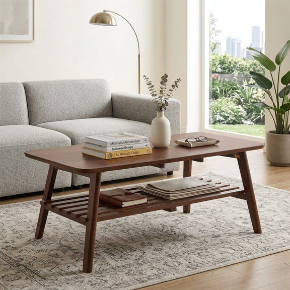 Rectangular Coffee Table with Storage Shelf - Mid-Century Modern Walnut Brown