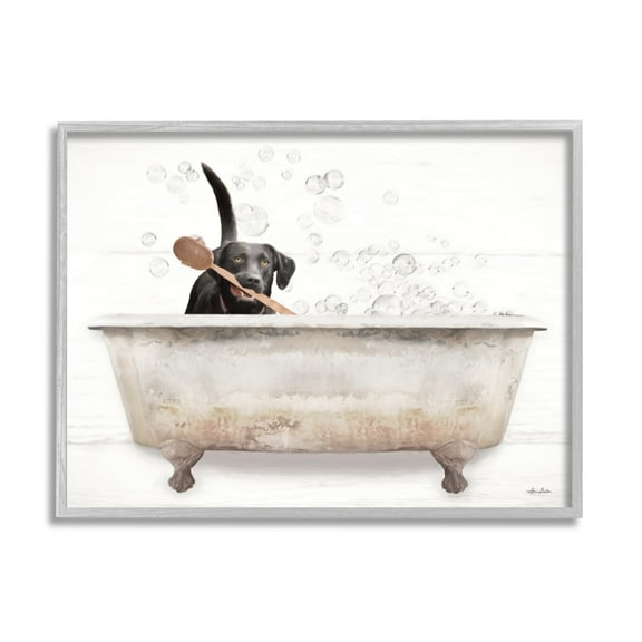 Stupell Industries Happy Labrador in Rustic Bubble Bath Design Graphic Art Gray Framed Art Print Wall Art, 24x30, by Lori Deiter
