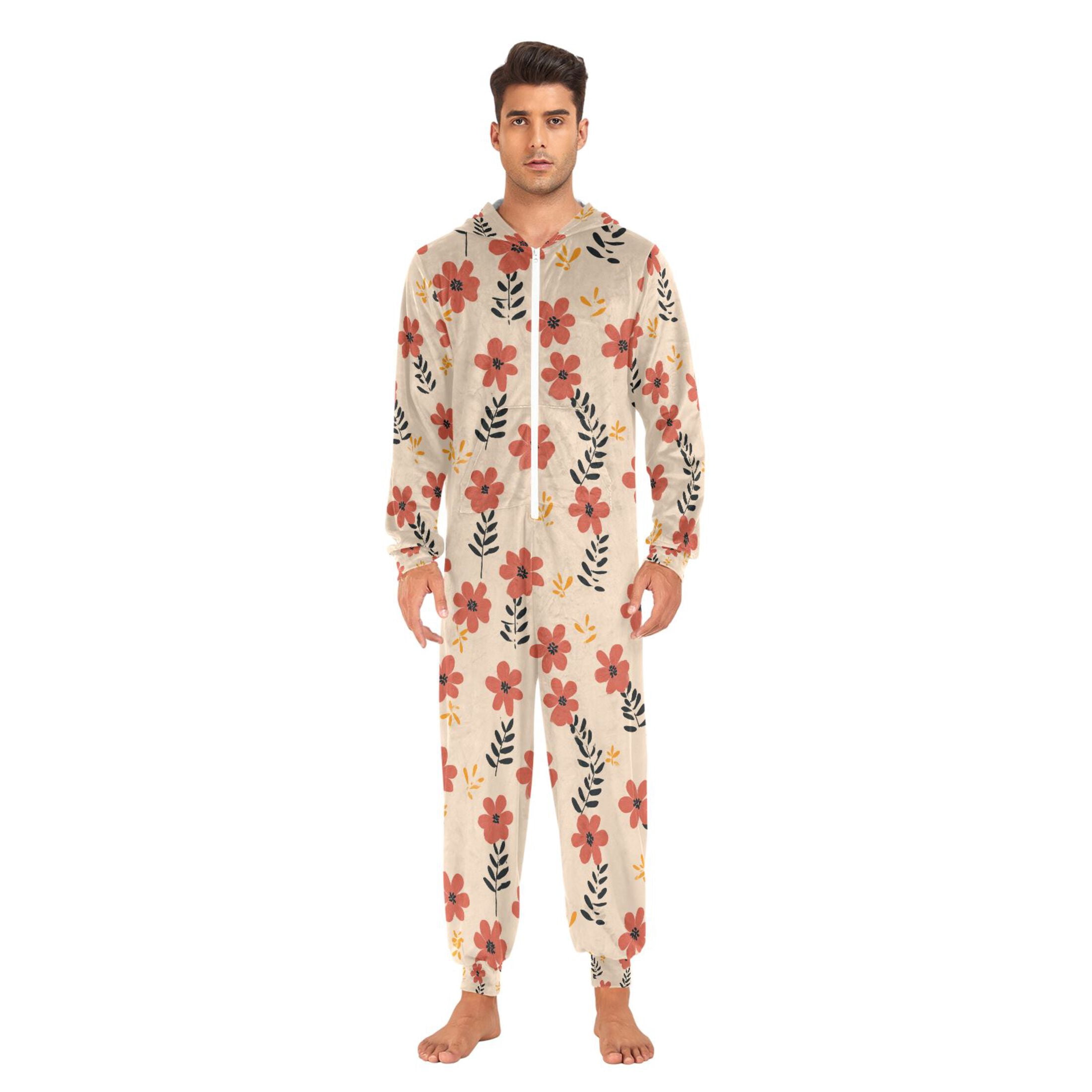 Adult Christmas Onesie Flowers Simple Adult Zipper One-Piece Pajamas Unisex Pajamas with Pockets