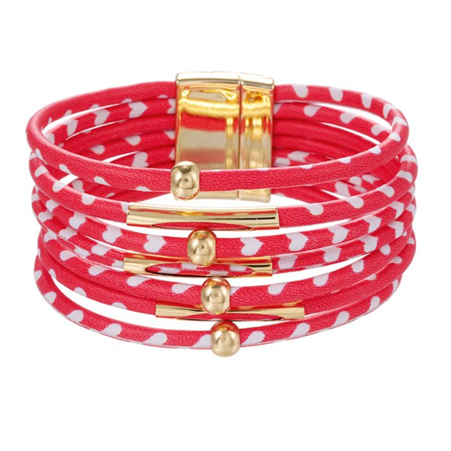 QualitChoice Bracelet Multi-layers Magnetic Buckle Leather Multi-colored Leopard Print Valentines Day Gifts Bracelets Hand Jewelry Red 1Set