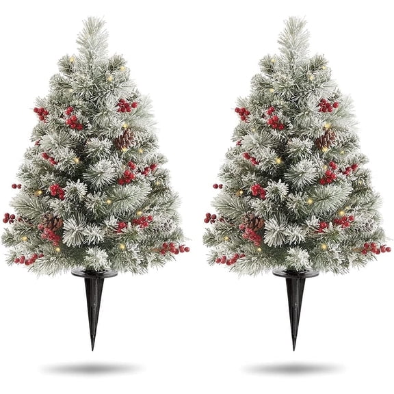 OasisCraft 24 Inch Outdoor Christmas Tree 2 Set, Pre-lit Mini Flocked Christmas Tree Artificial Pathway Xmas Tree 50 LED with Red Berries, Pinecones for Porch Holiday Decor, Green