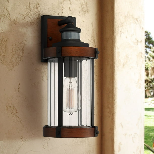 John Timberland Industrial Outdoor Wall Light Fixture Dark Wood Black 15 1/2" Motion Sensor