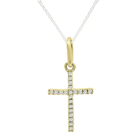 0.07 Carat (ctw) Dainty 14K Yellow Gold Round White Diamond Ladies Micro Pave Religious Cross Pendant