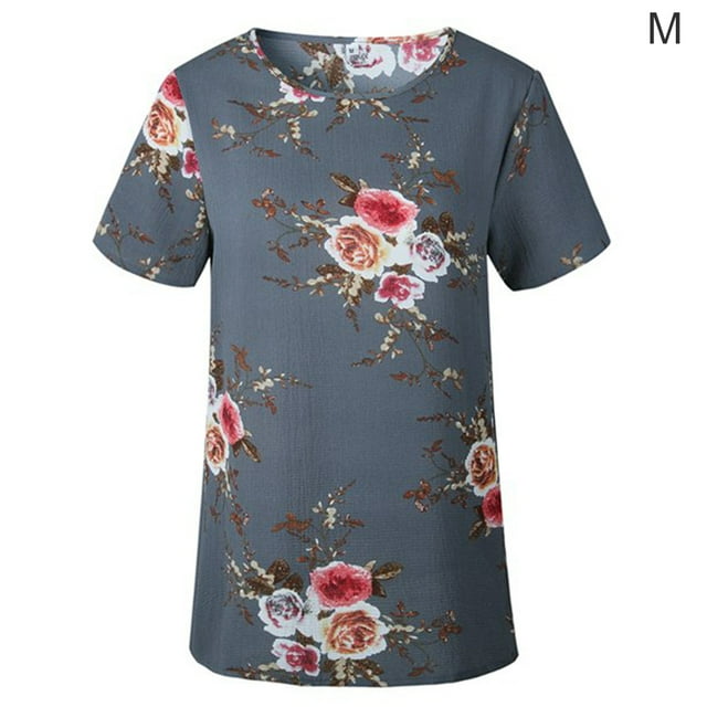 Camiseta de mujer con estampado floral, manga corta, cuello redondo, blusa informal, gris, M Methold AP001919-20