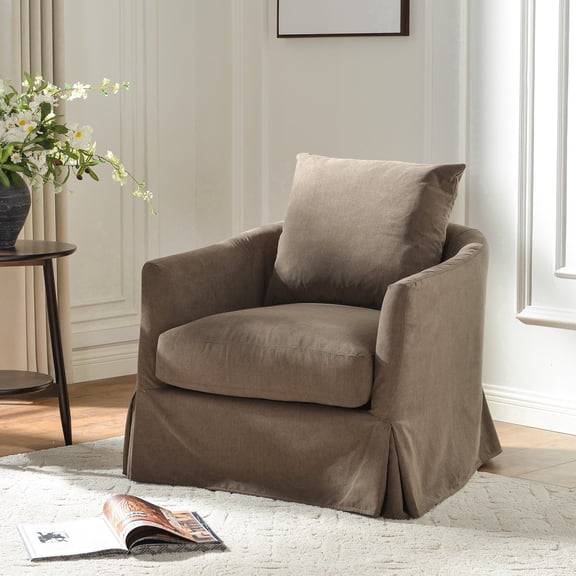 Brown Polyester Upholstered Swivel Barrel Armchair with Removable Washable Slipcover for Living Room, Bedroom, Feather Blend Cushion, Solid Wood Frame, Pillow Back, Fully Assembled