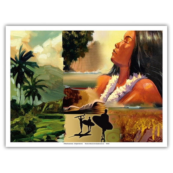Surf Story - Hawaiian Woman - Surfers - Original Collage Art by Wade Koniakowsky - Master Art Print (Unframed) 9in x 12in