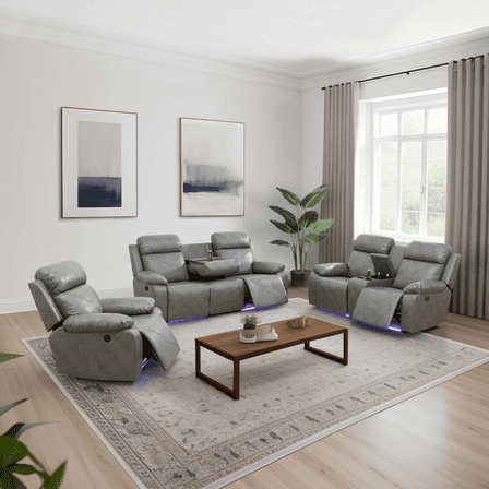 Leather Power Recliner Sofa Set with LED, Power Reclining Living Room Set, Leather Sofa Set with USB Port/Cup Holder/Storage (3 Piece Leather Couch Set, Dark Grey)