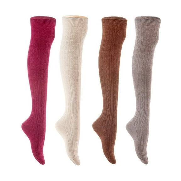 Lian LifeStyle Women's 4 Pair Adorable Comfortable Soft Thigh High Over Knee High Cotton Socks Size 6-9 L1024 Wine,Cream,Coffee,Dark Grey