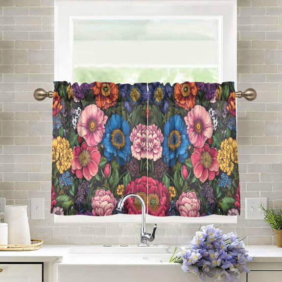 Yayeee Kitchen Curtains Light Filtering 27"x24" Rod Pocket Short Cafe Window Panel, Vibrant Blooming Flowers