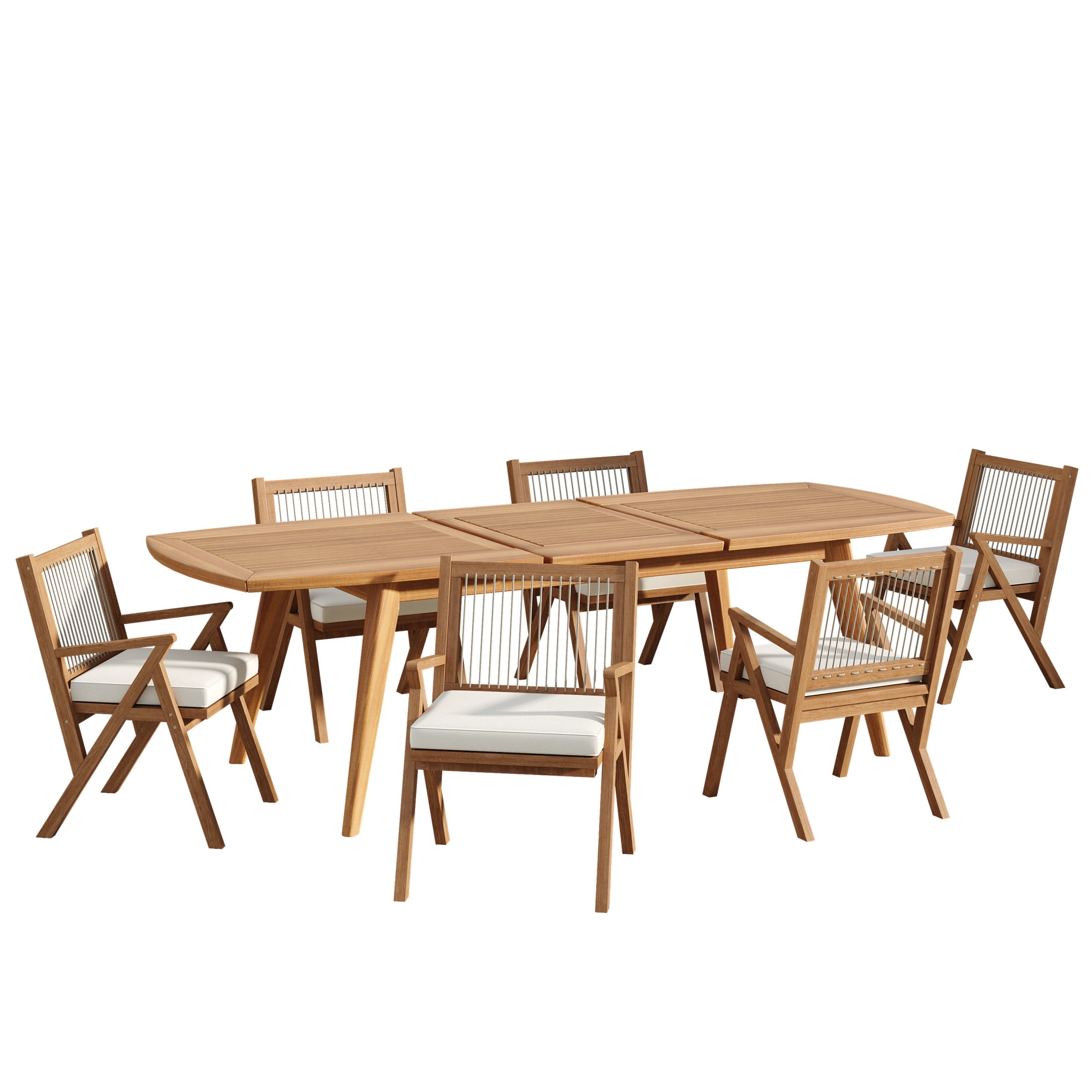 Christopher Knight Home 7PCS Outdoor Dining Set, Expandable Table & Rope Back Patio Chairs with Cushions, Cream+Teak