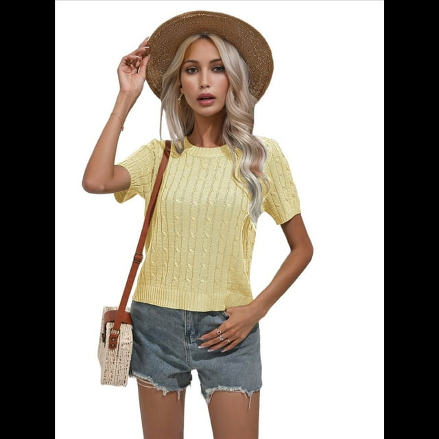Suéter de Cuello Redondo Color Sólido Amarillo L