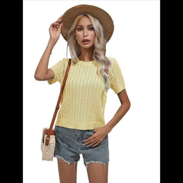 Suéter de Cuello Redondo de Color Liso Amarillo Talla S