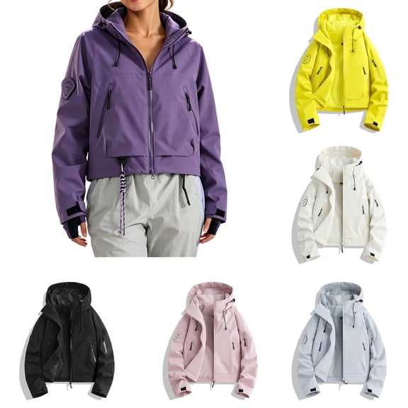 Women's Cropped Hooded Windbreaker Jacket Lightweight Waterproof Outdoor Coat Solid Color Zip up Casual Rain Jacket with Pockets S-2XL Yellow