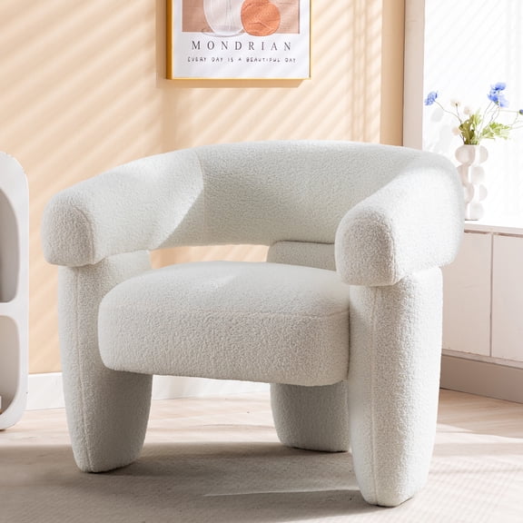 BRILHAMEZ Modern Accent Chair, Barrel Upholstered Armchair, Lambswool Single Sofa Chair for Living Room, Bedroom, Reading,White