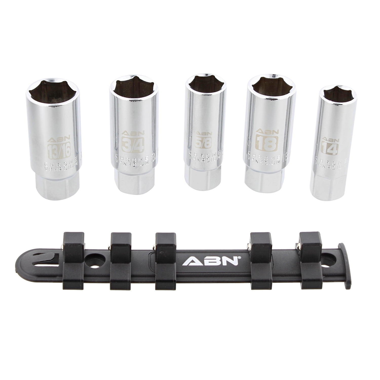 ABN 3/8 IN Dr SAE Metric Spark Plug Socket Set 6 Pt Rubber Rings and Rail 5pc