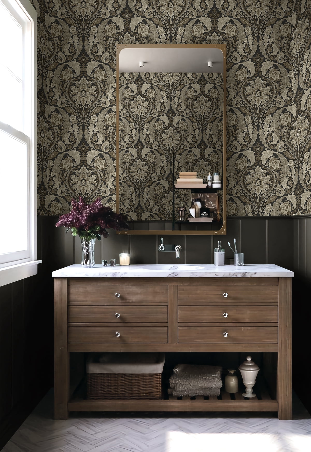 Harry & Grace Cliffside Thornton Vintage Damask Peel and Stick Wallpaper - 20.5 in. W x 18 ft. L Roll