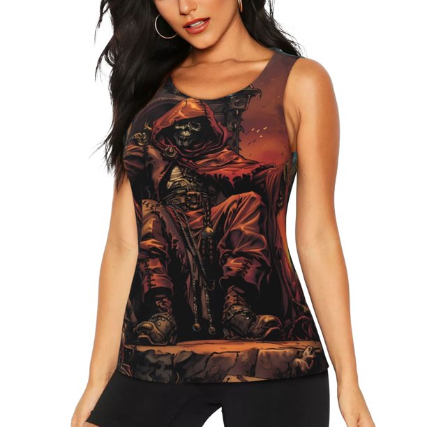 Fotbe Dark Skull King Throne Blusas Sin Mangas para Mujer – Estilo Casual, Corte Suelto, Slim-Fit, Cuello Redondo Deportivo, Tops de Verano para Gimnasio y Yoga-XX-Large