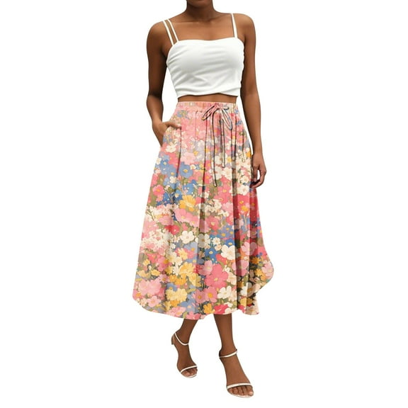 Yucgh Women's Bohemian Flower Print Midi Skirt with Pockets, Solid Color Casual Skirt, High Waisted Elastic Waist Skirt for Summer,Pink,XL