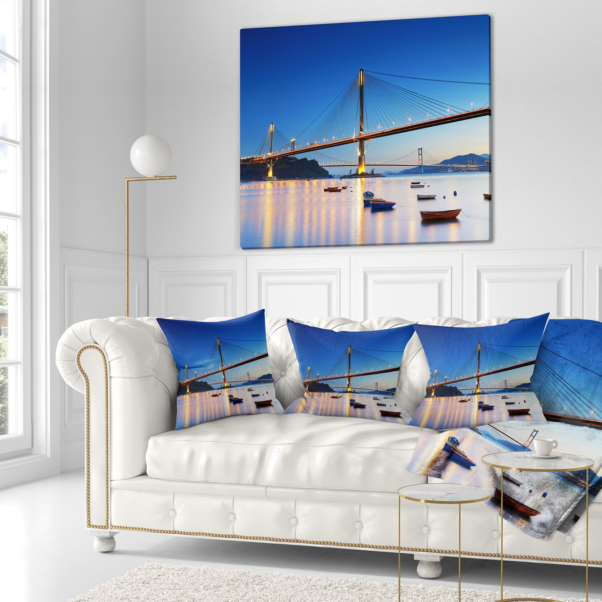 Designart Hong Kong High Bridge at Night - Sea Bridge Throw Pillow - 18x18