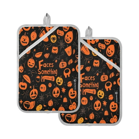 

Pattern Of Black and Orange Halloween Symbols Square Insulation Pads 2 Piece Heat Resistant 338 Degrees F Oven Mitts for Kitchen Table BBQ Microwave and Other Cooking Occasions