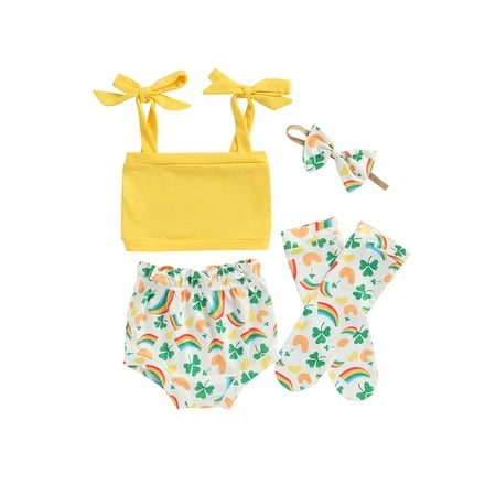 

aturustex Summer Baby Girl Summer Outfit Double Side Sling Tops + Shorts + Bow Headband + Warm Socks 4pcs (0-24 Months)