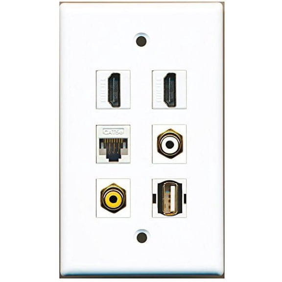 RiteAV - 2 HDMI 1 Port RCA White 1 Port RCA Yellow 1 Port USB A-A 1 Port Cat5e Ethernet White Wall Plate