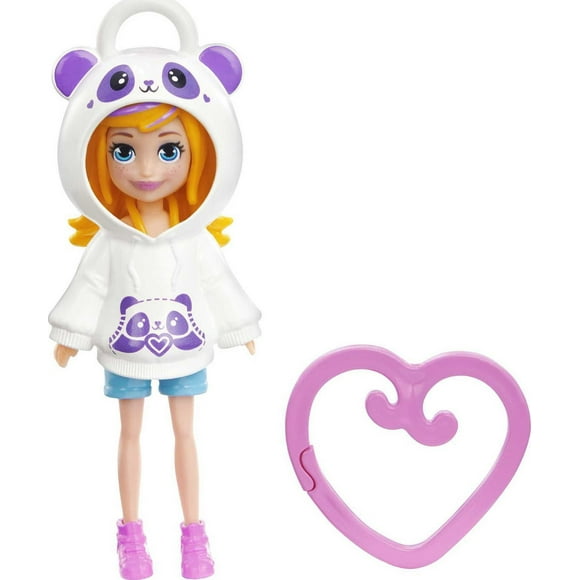 Polly Pocket Travel Toys, Friend Clips Polly Doll with Panda Hoodie and Heart-Shaped Clip