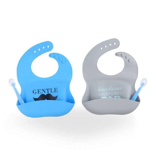 Baberos para Bebe de Silicona Impermeables con Bolsillo Contenedor de Alimentos Set de 2 Piezas Azul