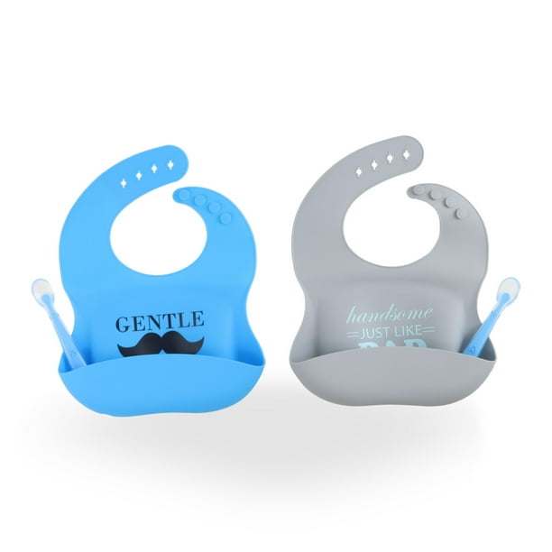 Baberos para Bebe de Silicona Impermeables con Bolsillo Contenedor de Alimentos Set de 2 Piezas Azul