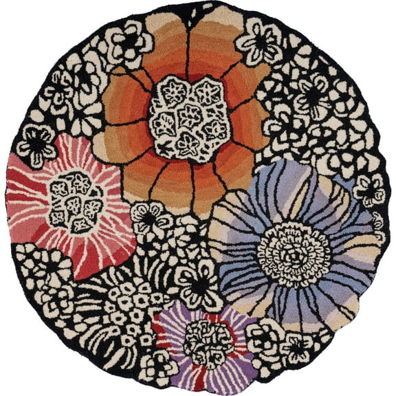Laddha Home Designs 4' Red and Black Floral Hand Tufted Round Area Throw Rug