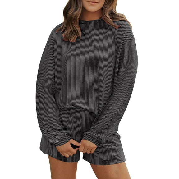 Holzkary Pajamas Set for Women Waffle Knit Lounge Set 2 Piece Outfits Loungewear Sweatsuit with Pockets 2 Piece Sets for Women Chestnut Knit Long Sleeve Top and High Waist Shorts Set Black L