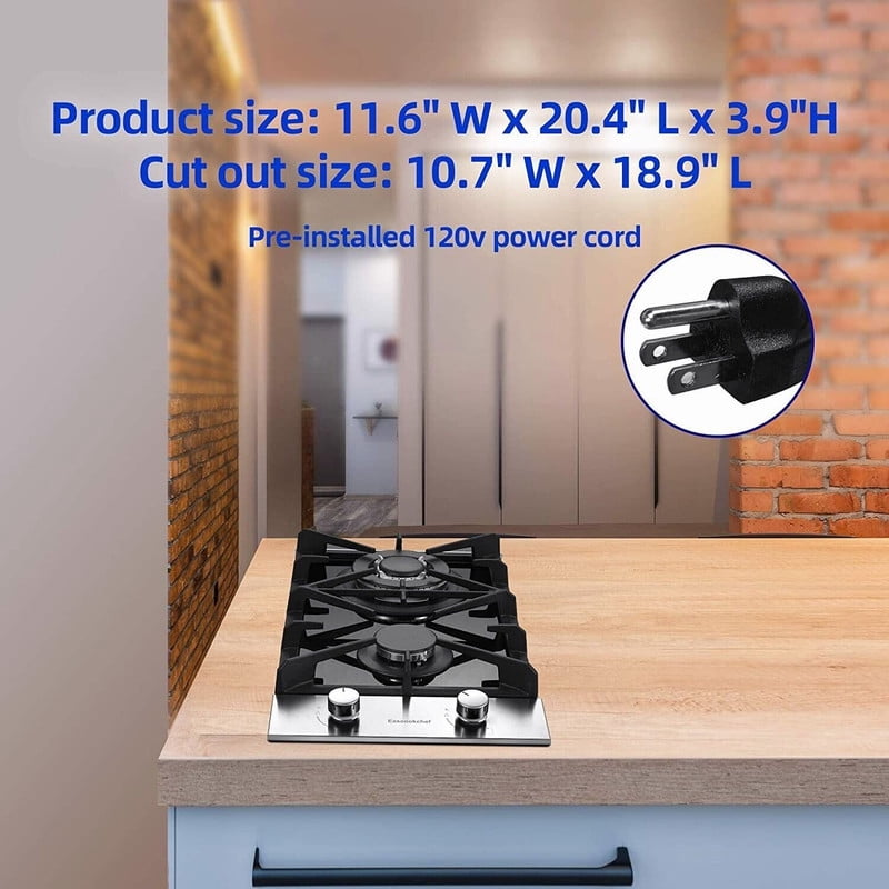 GD 12 in. 2 Burners Recessed Gas Cooktop with Tempered Glass Top, for Dual Fuel LPG/NG, Stainless Steel