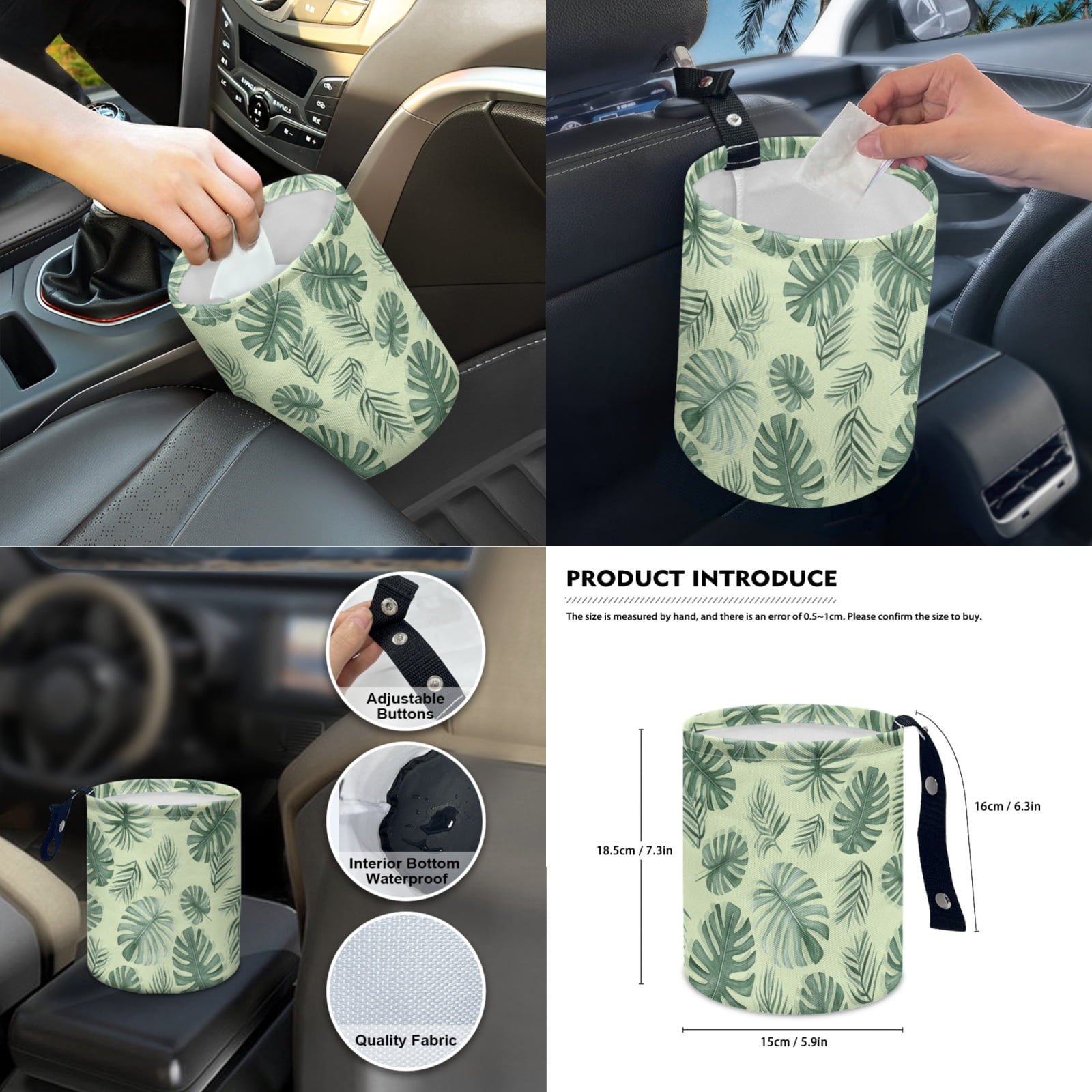 Jeiento Green Leaves 14 PCS Car Seat Cover Full Set with Auto Steering Wheel Cover Seat Belt Strap Pads Cup Coasters Trash Bag Rearview Mirror Cover Armrest Cover Pad Handbrake Cover Set Accessory