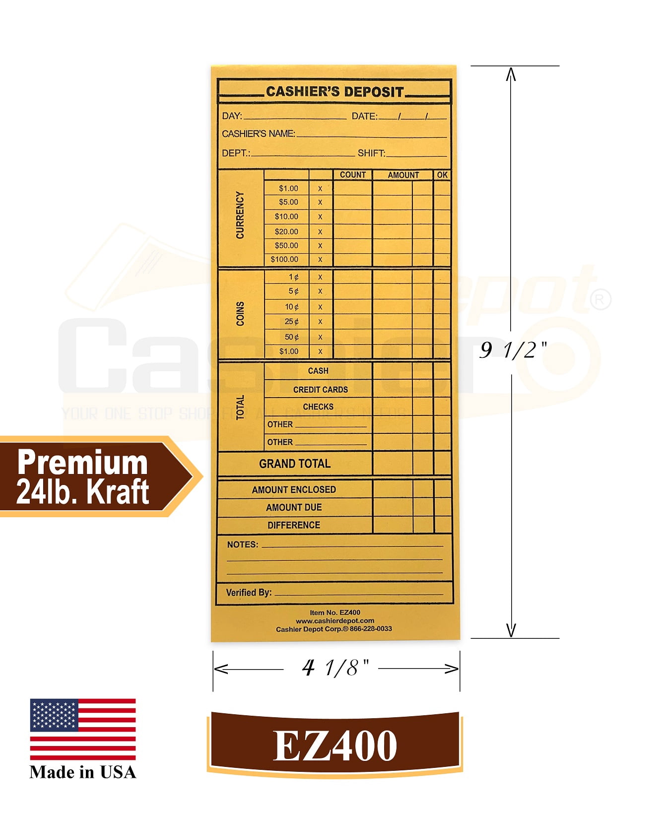 1000 Cashier Depot EZ400 Cashier's Deposit Envelope, #10 Brown Kraft Envelope, 4 1/8" x 9 1/2", Heavy 24 LB, 1000/Box