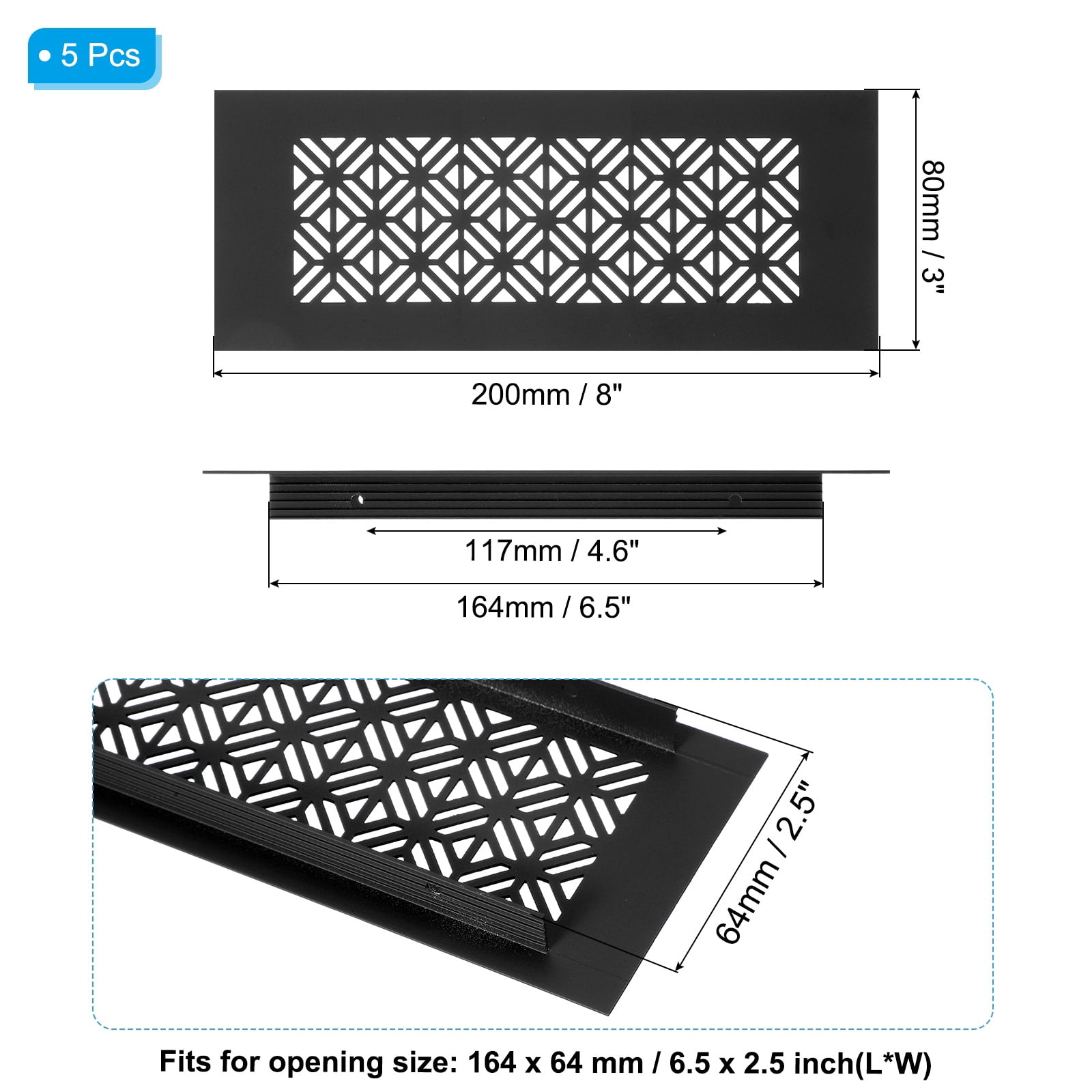 Uxcell 5 Set 8 x 3 Inch Door Air Vent Cover, Heavy Duty Aluminum Grille Ventilation Cover Louvered with Mounting Screws for Cabinet Wardrobe Door, Black