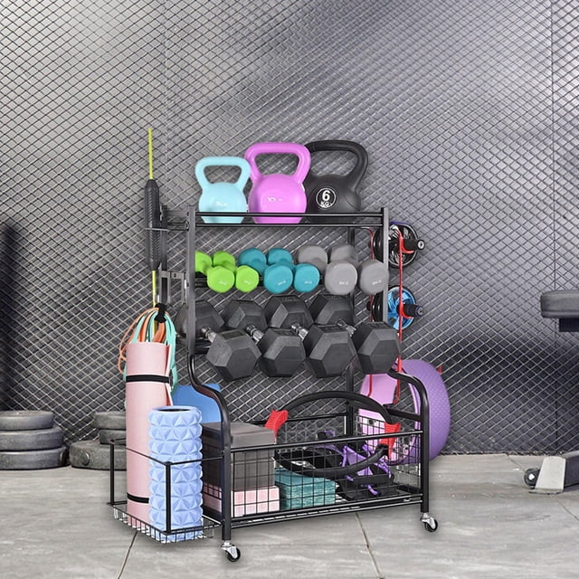 Estante de almacenamiento para equipo de gimnasio en casa, organizador de equipos de entrenamiento, 4 niveles, ahorro de espacio con ganchos, estante