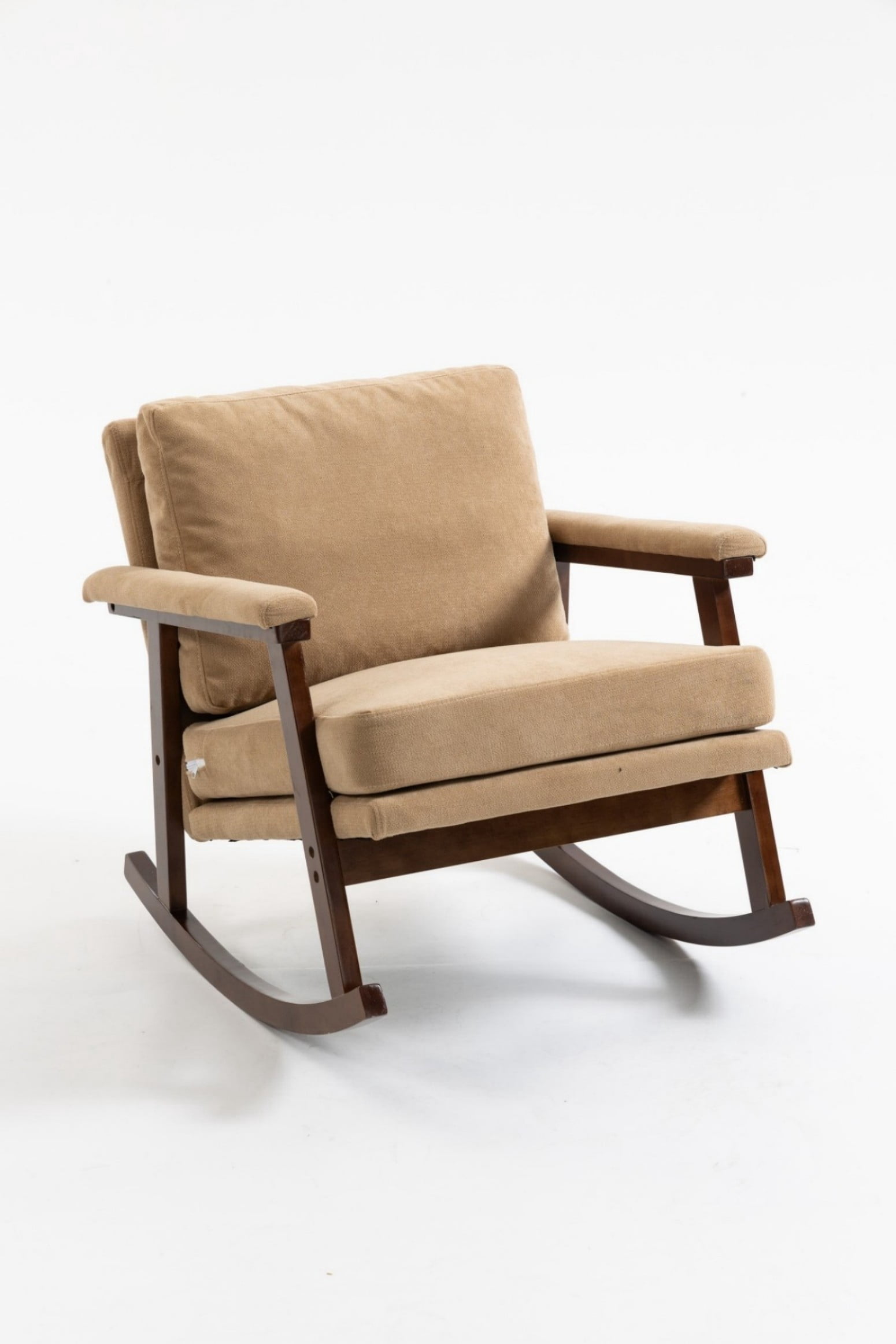 Mid-Century Modern Rocking Accent Chair with Wood Frame, Upholstered Reading Armchair with Waist Cushion, High-Density Foam Lounge Chair for Living Room, Bedroom, Sunroom, Khaki