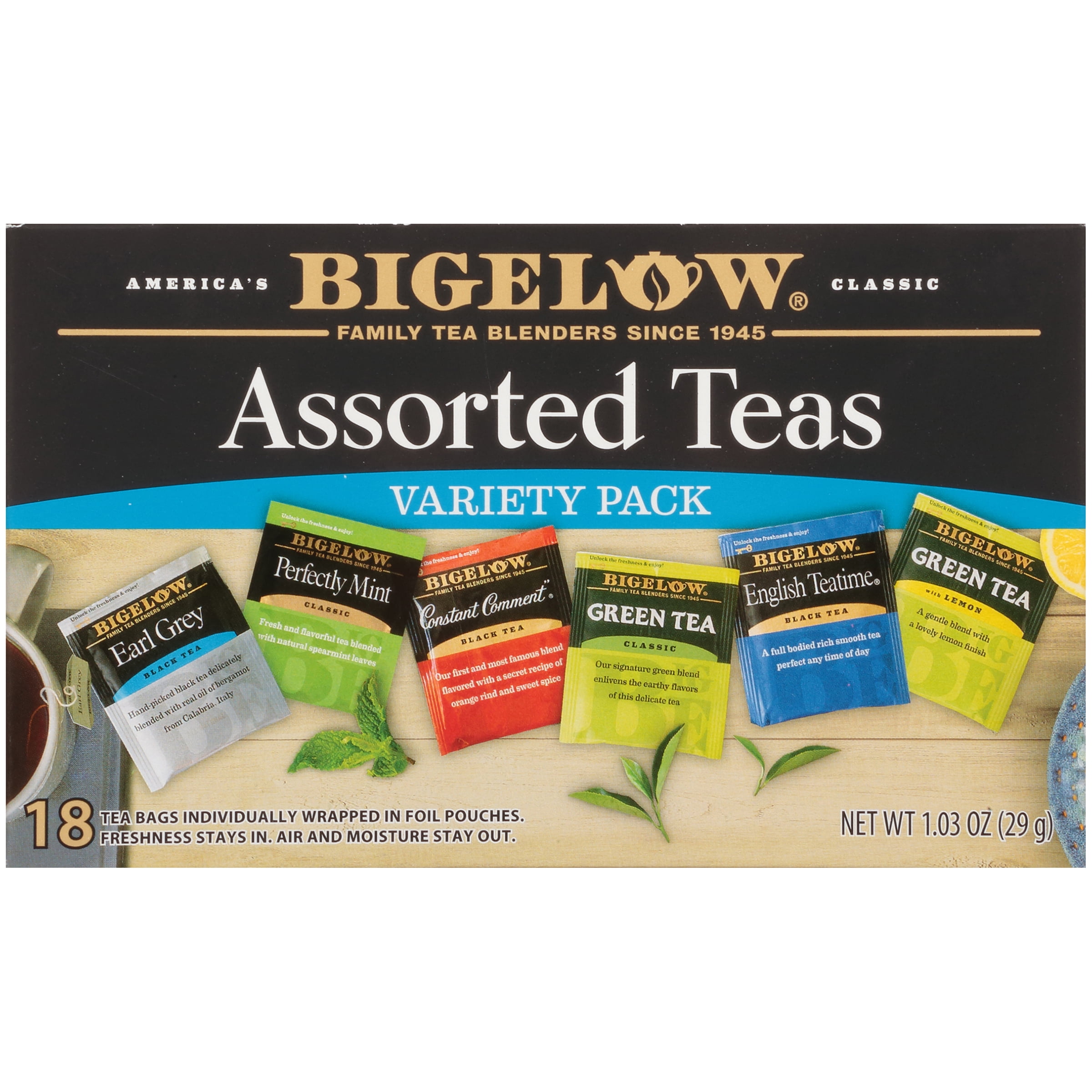 Bigelow Assorted Teas Variety Pack, Black and Green Tea Bags, 18 Count