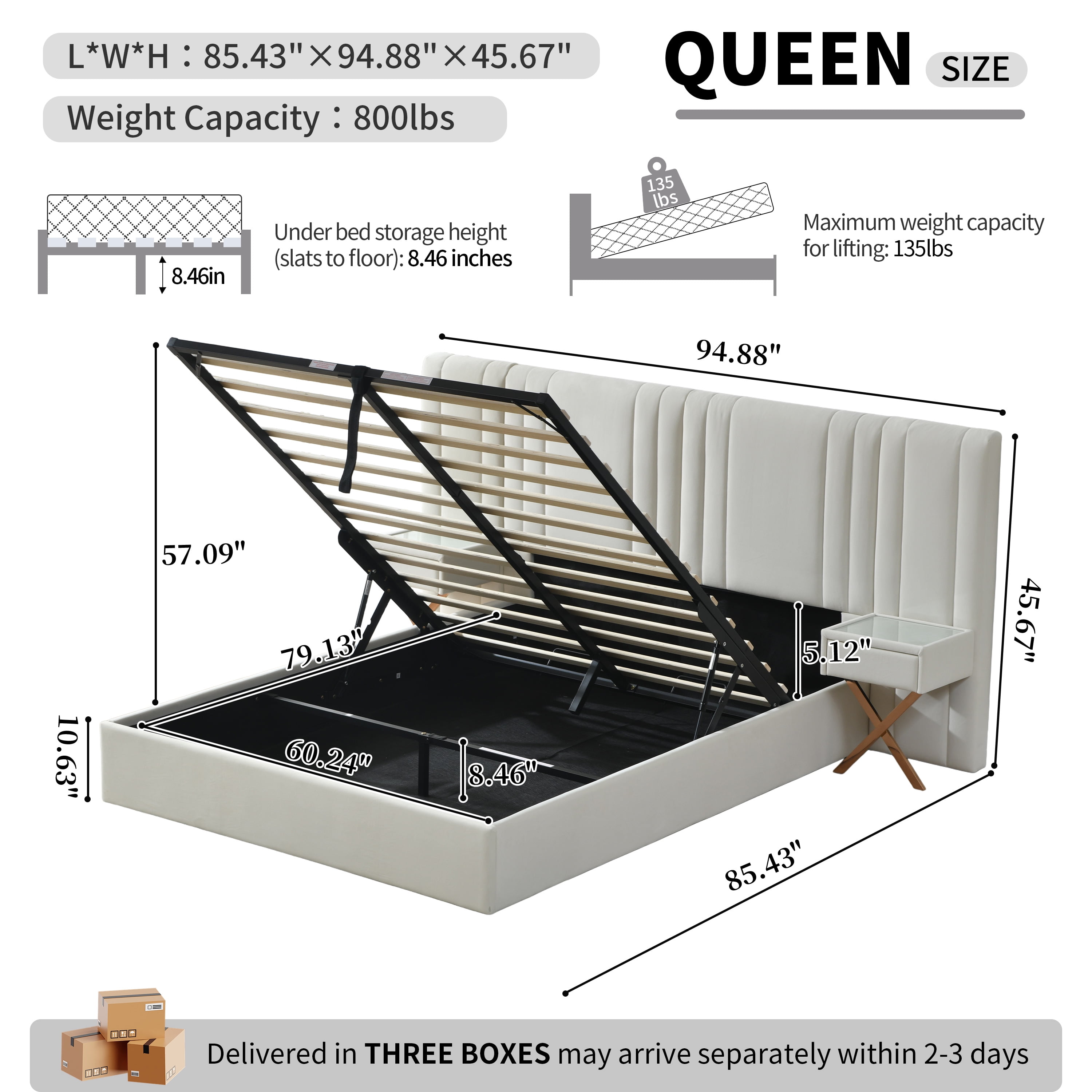 Queen Upholstered lift up Storage Bed Frame with Oversized Headboard, Built-in Nightstands and Wood Slat Support, No Box Spring Needed, Cream