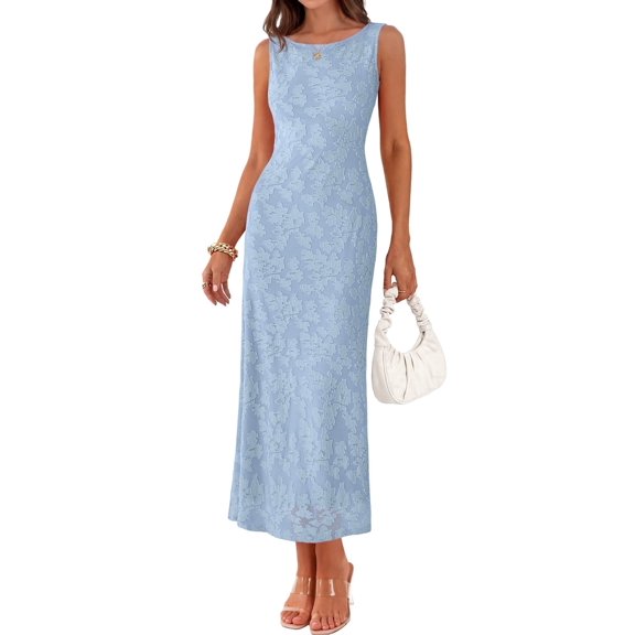Merokeety Womens Summer Dresses Floral Boat Neck Tie Waist Bodycon Formal Dress Blue m
