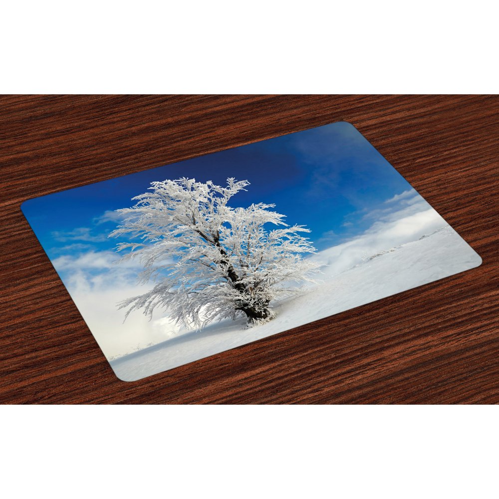 Winter Placemats Set of 4 Lonely Tree on Snow Covered Land Cloudy Sky