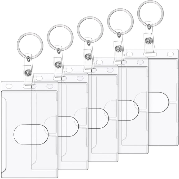 Lsupdaol Badge Holder Vertical Heavy Duty Clear ID Card Holder with Keyring 5 Pack 3.94" x 2.36"
