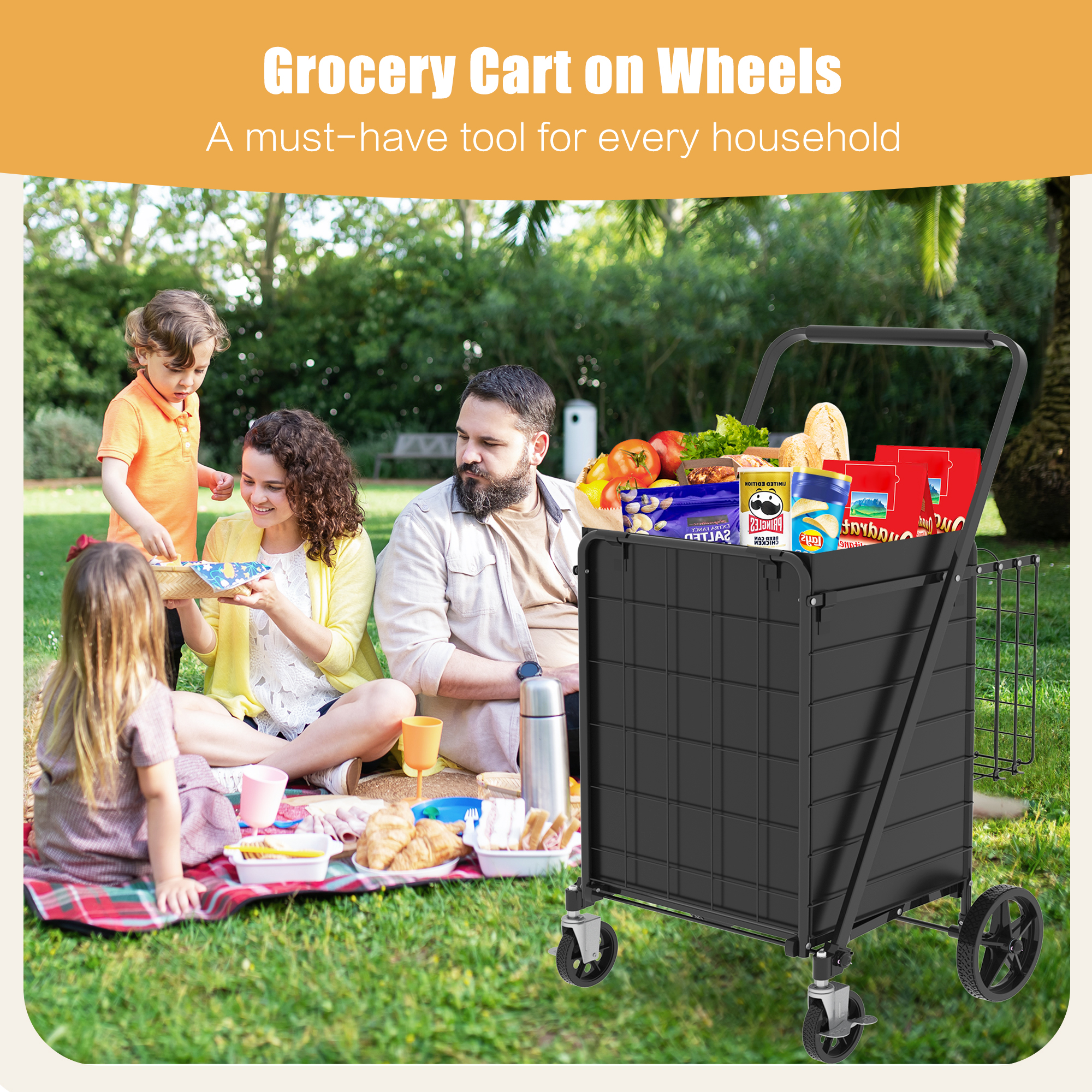 Yoneston Heavy Duty Shopping Cart with Side Basket, 340 LBS Capacity Folding Grocery Cart with Brake Wheels, Utility Cart for Laundry, Groceries, Travel, Black
