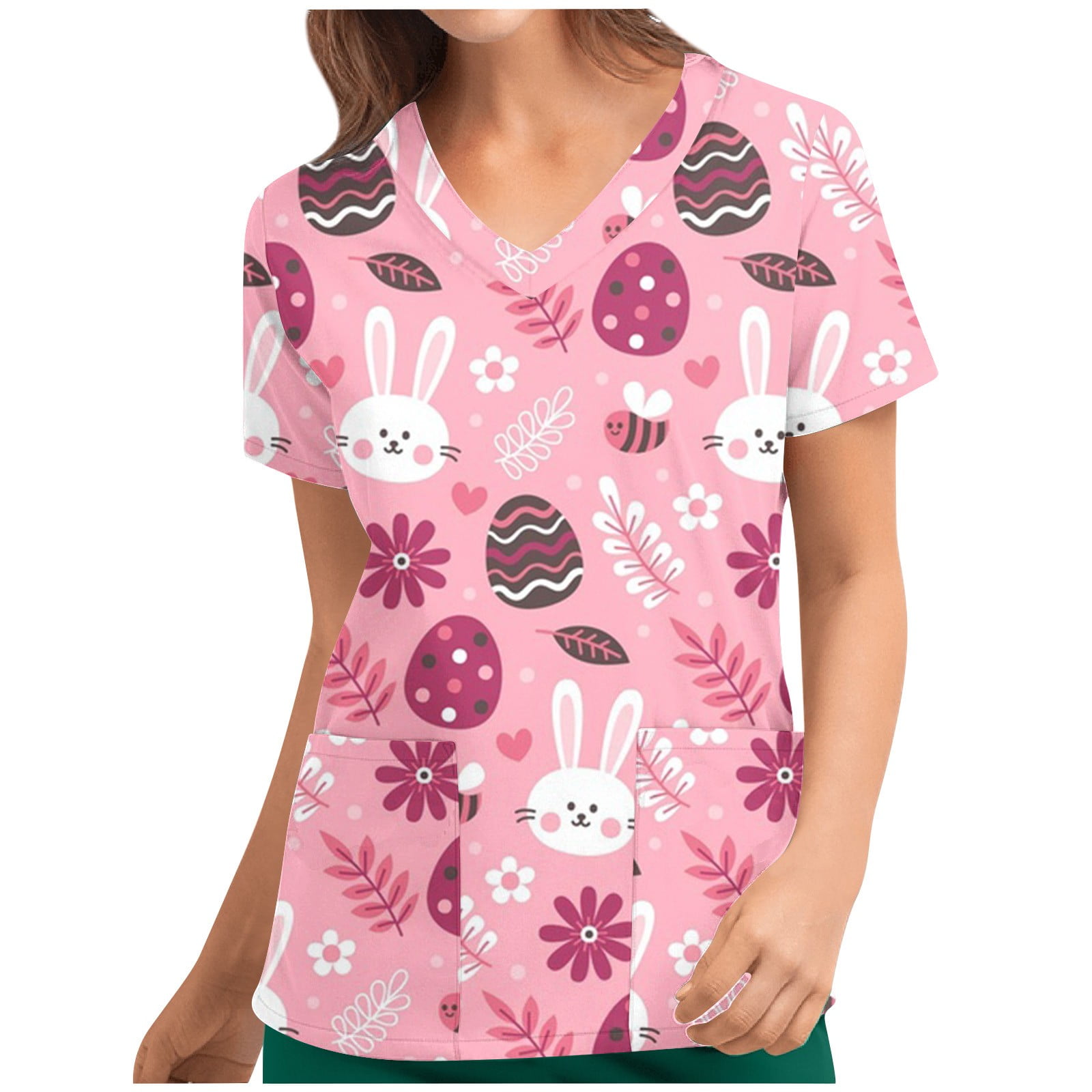 Shldybc Women Easter Nursing Scrub Tops Egg Rabbits Print T Shirt V ...