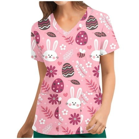 

Simplmasygenix Women Tops Summer Clearance Women Short Sleeve V-neck Tops Uniform Easter Printed Pockets Blouse Nursing