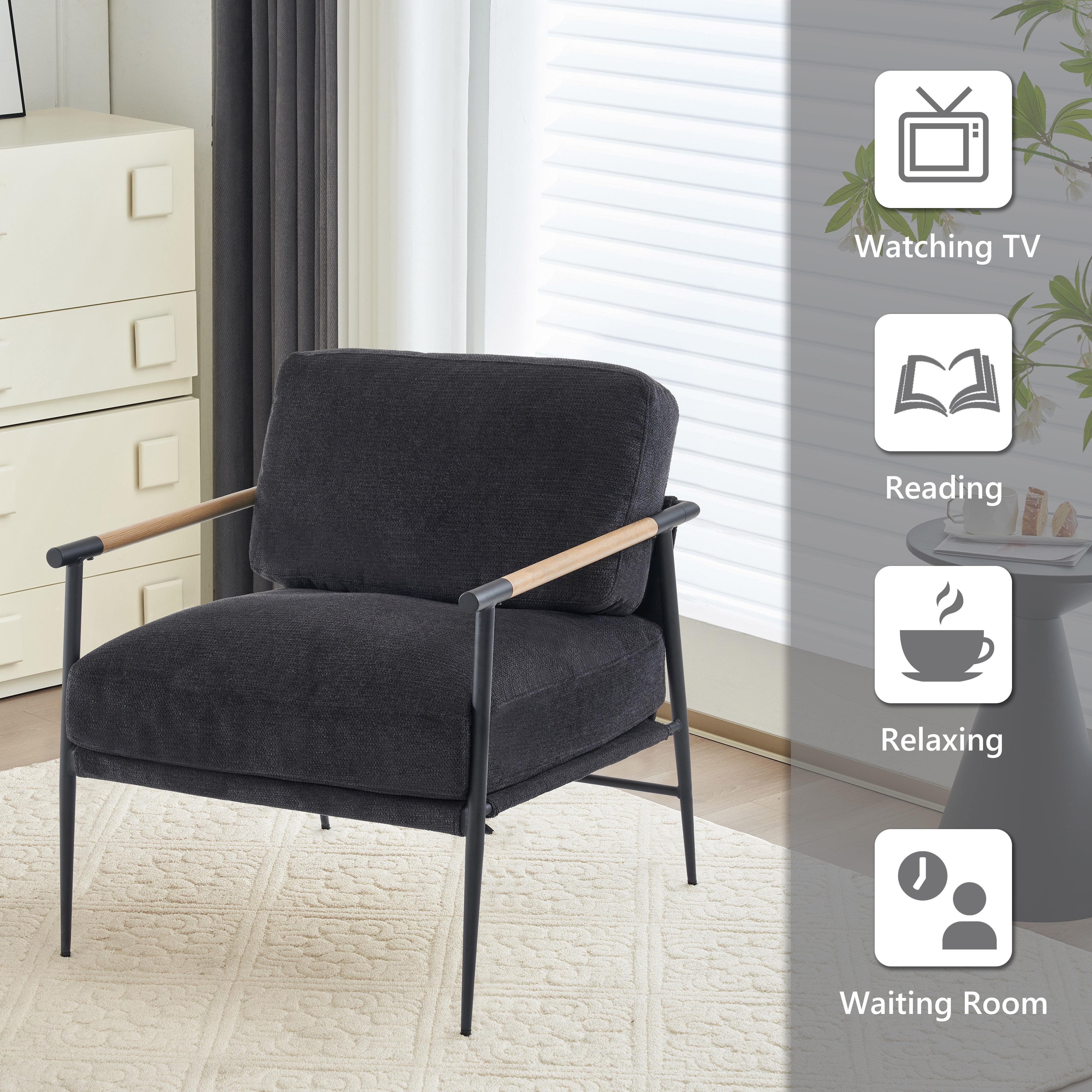 Othniel Black Accent Chair Armchair Chenille Mid Century Modern Accent Chair Metal Leg Comfy Cushion for Living Room