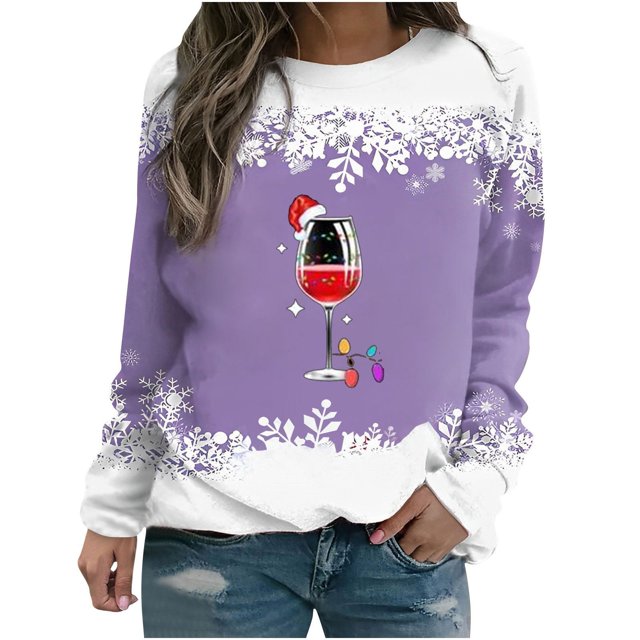 Sharpies Hauts Grande Taille pour Femmes, T-Shirt Imprimé Mode Ample, Blouse à Manches Longues, Col Rond Hauts Décontractés/violet,(L)