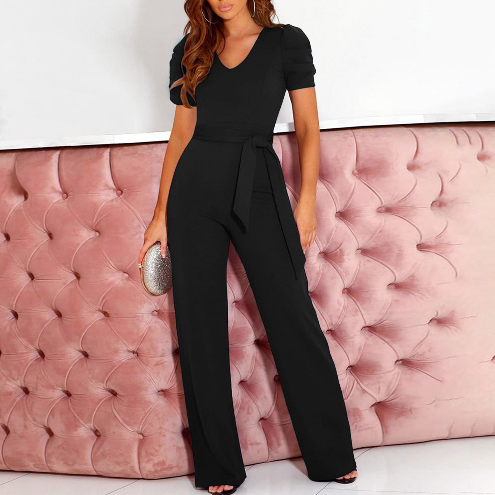 Fsqjgq Jumpsuits for Women Black Rompers Elegant Elegant Jumpsuit V Neck  Long Jumpsuit Trouser Suit Playsuit Romper Bib Overalls Wide Leg Pants  Rompers with Belt Formal Jumpsuits for Women XL - Walmart.com