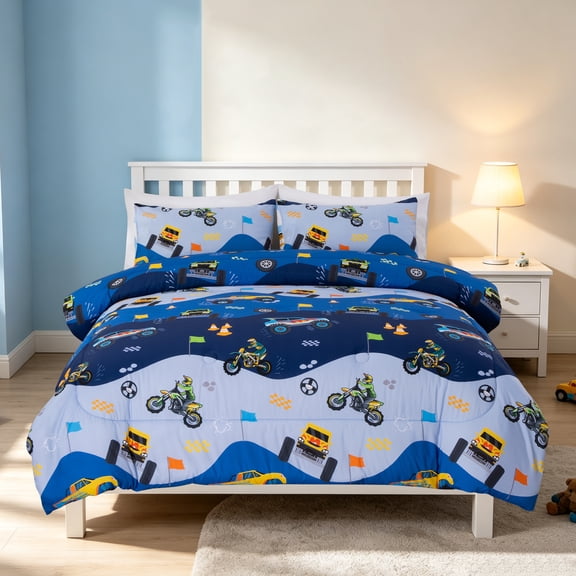 Btargot 3Pcs Reversible Construction Truck Twin Comforter Set for Boys Kids Excavator Vehicle Motorcycle Bedding Set Blue